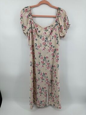 Lavender Moon Cottagecore Milkmaid Boho Beige Floral Puff-Sleeve Maxi Dress SzL